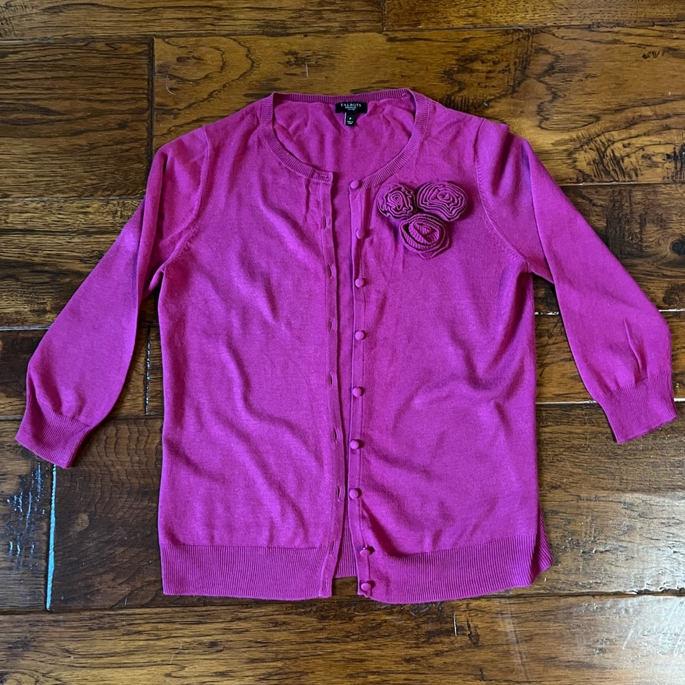 Talbots Dark Fuscia Dressy Long Sleeve Lightweight Sweater Flowers Size Petite